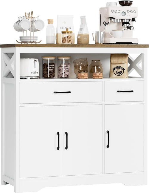 White Kitchen Sideboard Storage Unit with Drawers Shelves & Cupboard