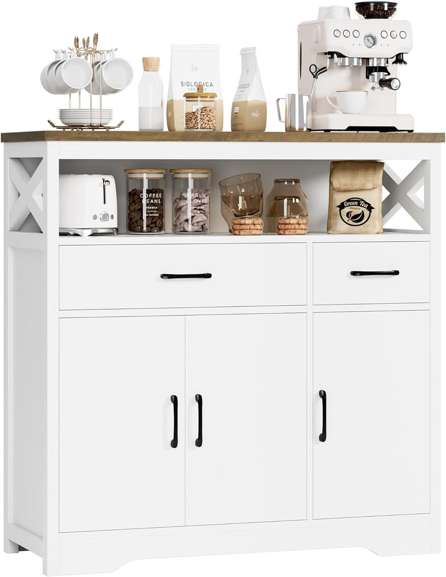 White Kitchen Sideboard Storage Unit with Drawers Shelves & Cupboard