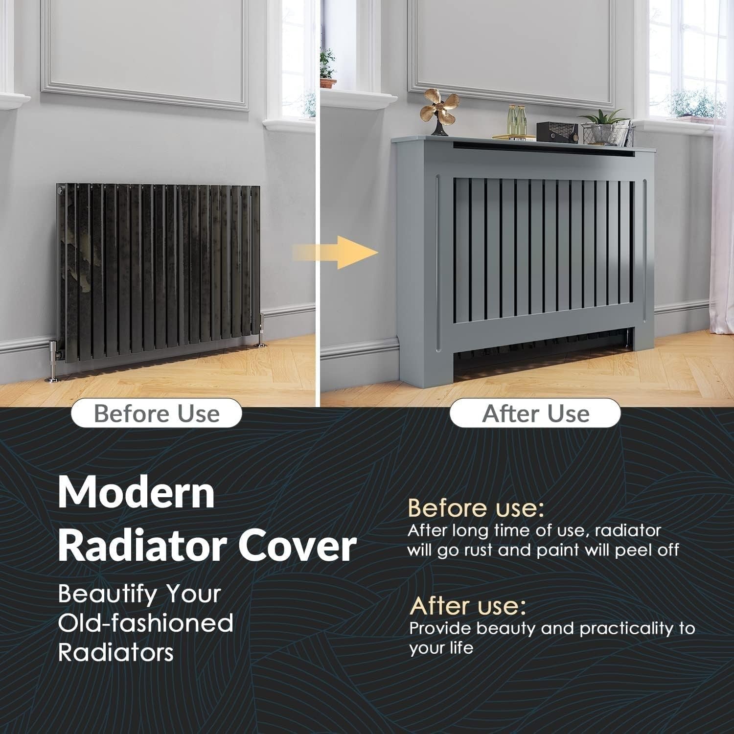 Medium Grey Radiator Cabinet with Shelf | Vertical Slat MDF Heater Cover