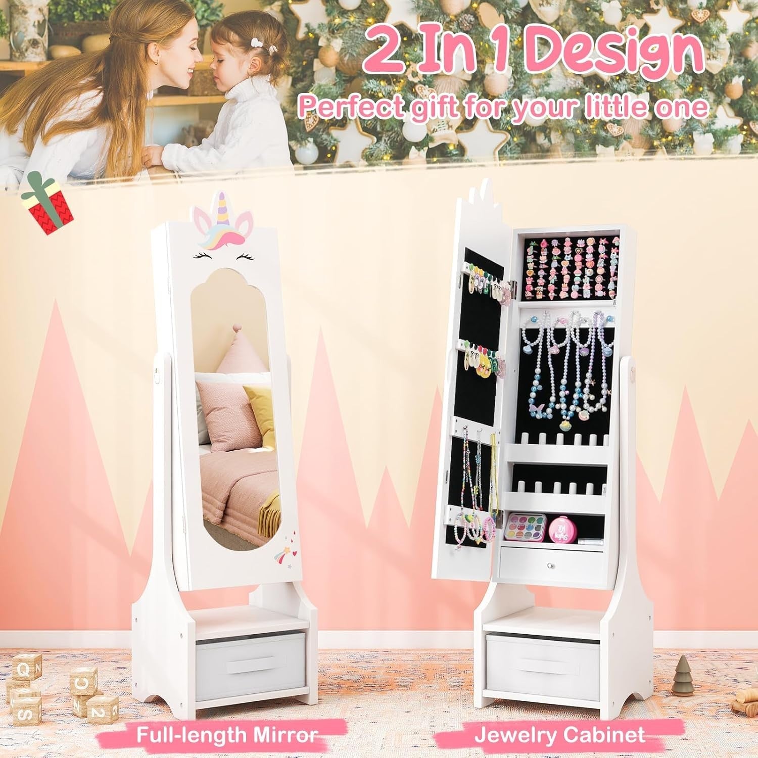 Kids Jewelry Cabinet Mirror Organizer Adjustable Princess Storage Unicorn