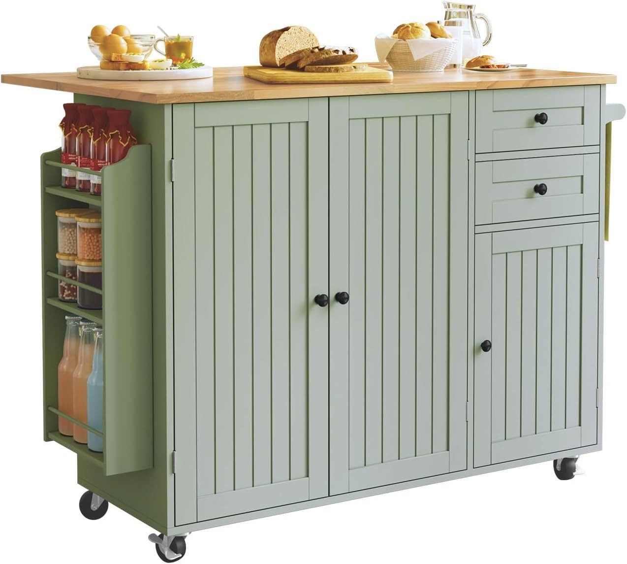 Green Rolling Kitchen Island Cart Drop Leaf 128cm Storage