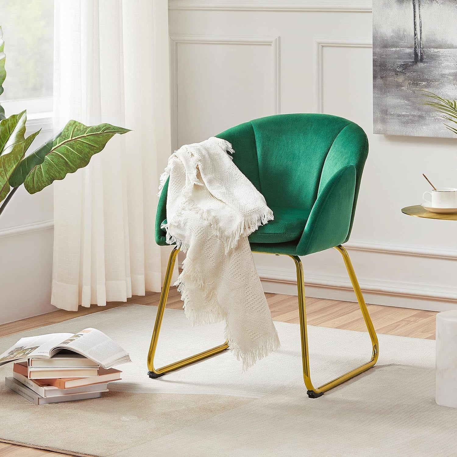 Green Velvet Tub Vanity Chair Petal Accent Armchair with Gold Metal Legs