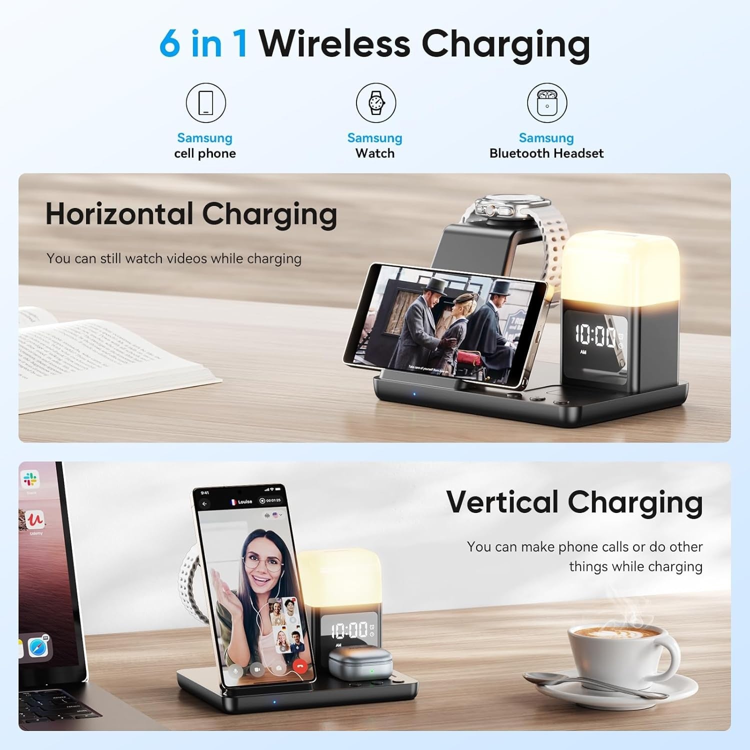 Wireless Charging Station Alarm Clock LED Night Light Charge Bedside