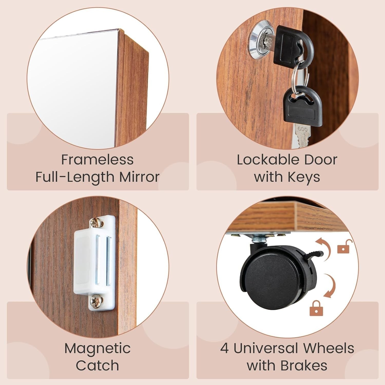 Brown Swivel Jewelry Cabinet LED Mirror Lockable Storage with Wheels