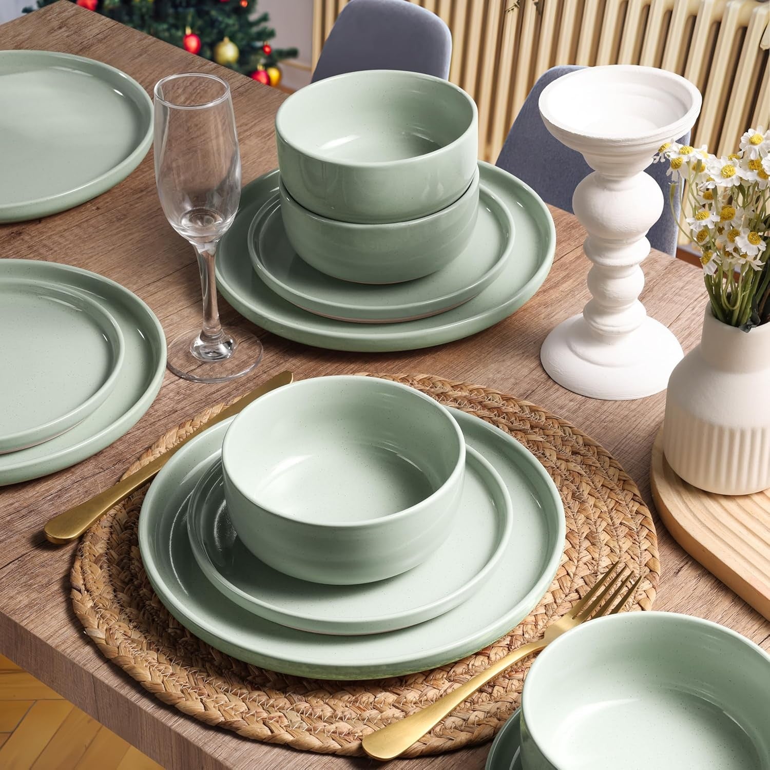 12pc Stoneware Dinnerware Set Plates Bowls Green for 4