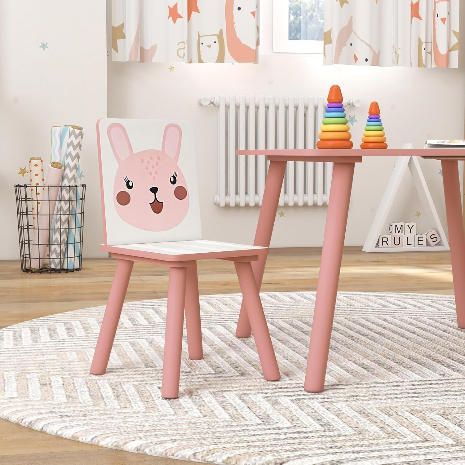 Kids Table & Chairs Set with Easel, Chalkboard & Paper Roll, Pink