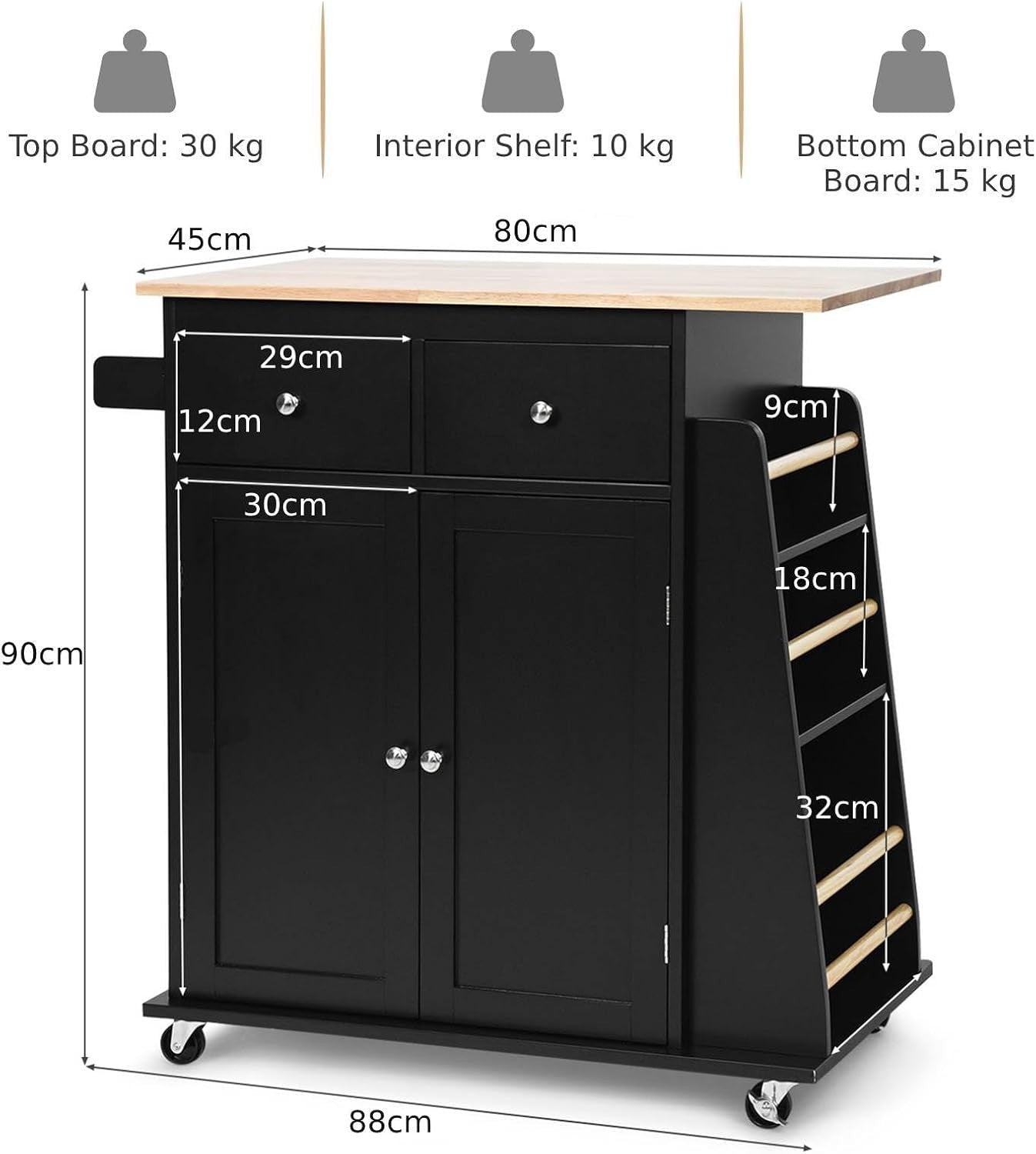 Kitchen Island Trolley with 2 Drawers & Spice Rack Black 88x45x90cm