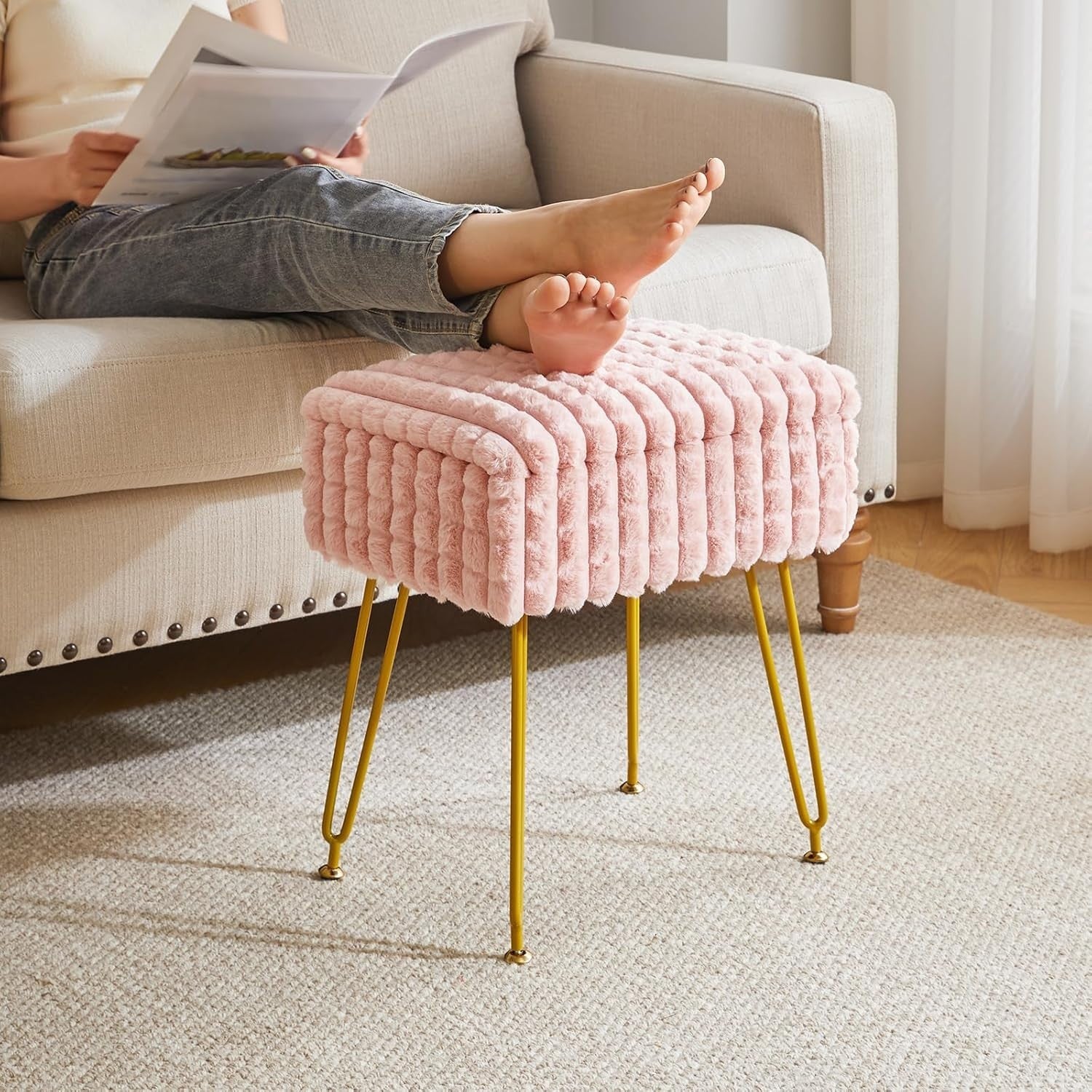 Pink Rectangular Vanity Stool with Storage – Padded Seat & Metal Legs