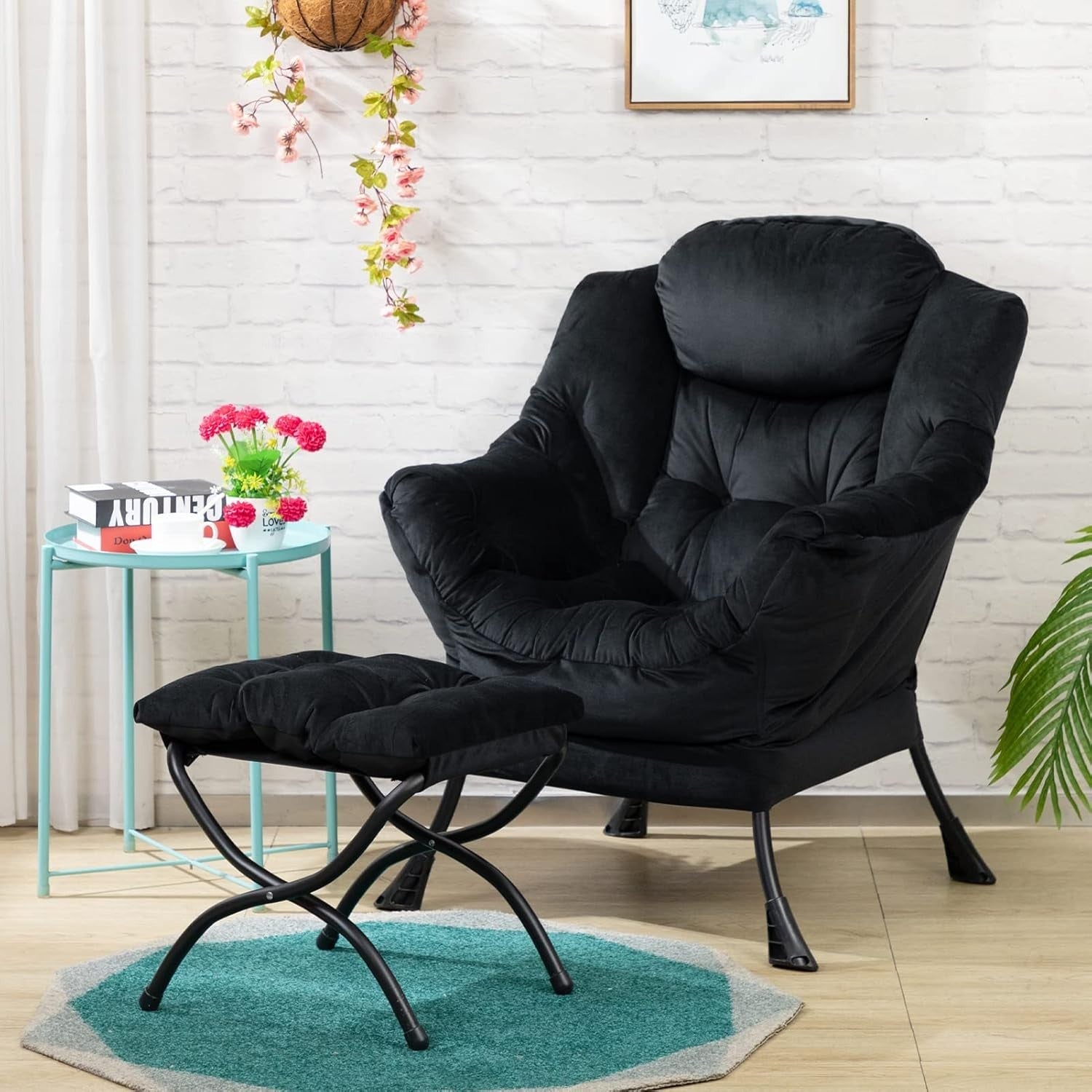 Plush Velvet Armchair with Footstool Living Room Bedroom Lounge Chair Black