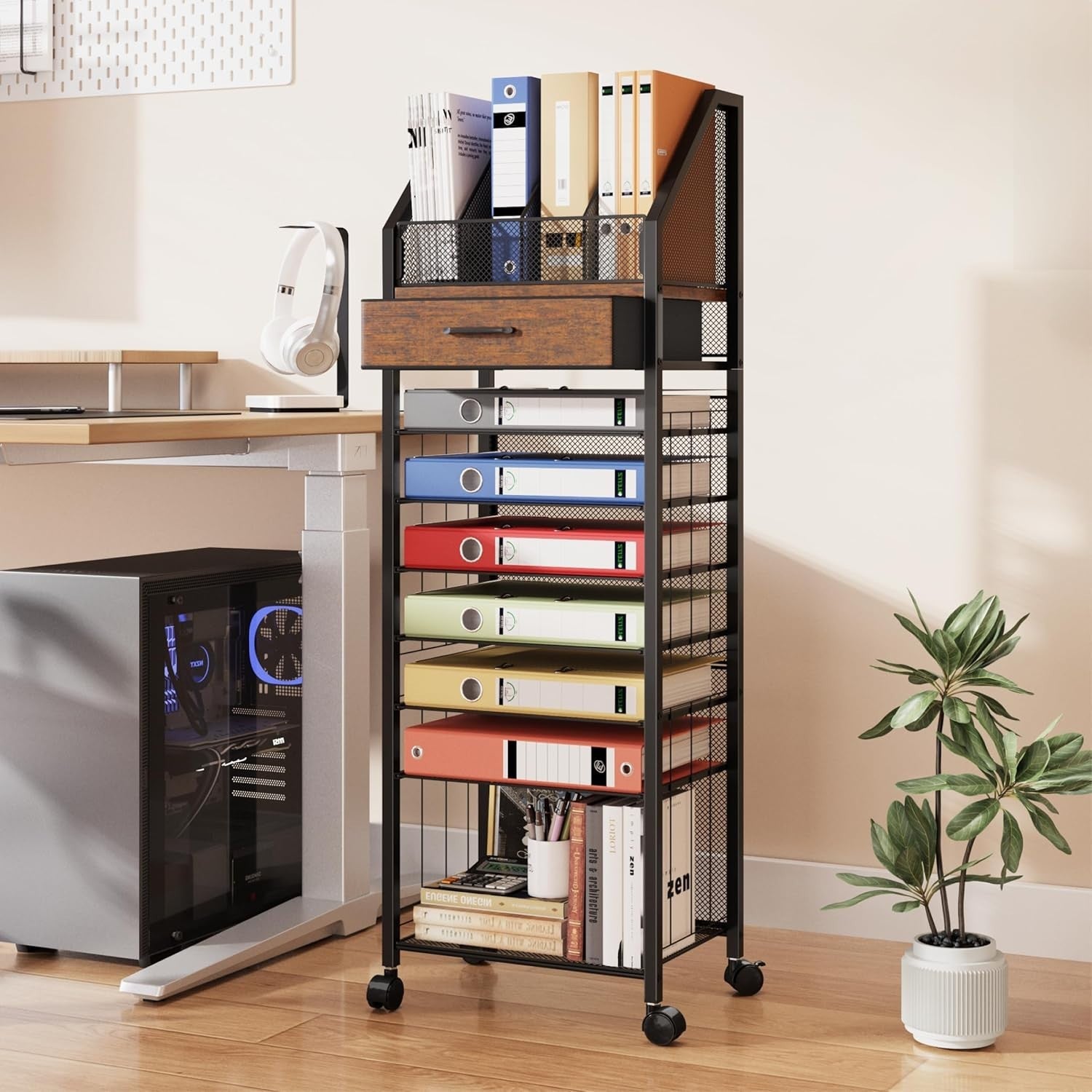 9-Tier Rolling File Cart with Drawer & Trays – Mobile Desk Organizer