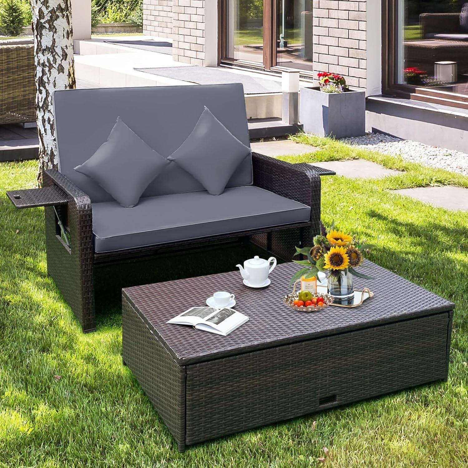 Grey+Brown 2-Seater Rattan Outdoor Daybed with Adjustable Back, Ottoman & Cushio