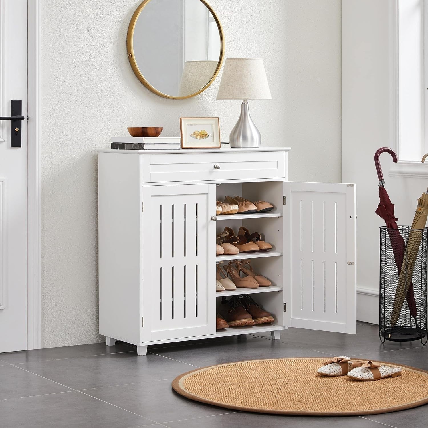 White 4-Tier Shoe Cabinet with Drawer & Adjustable Shelves – Space Saving