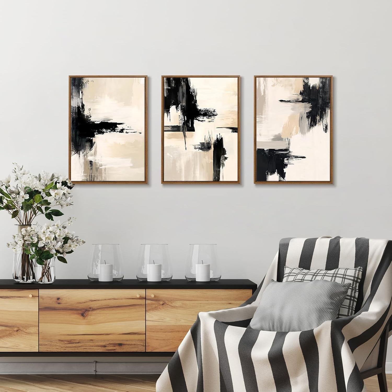 Minimalist Ink Canvas Wall Art 3 Panels 30x40 cm Modern Black Beige Decor