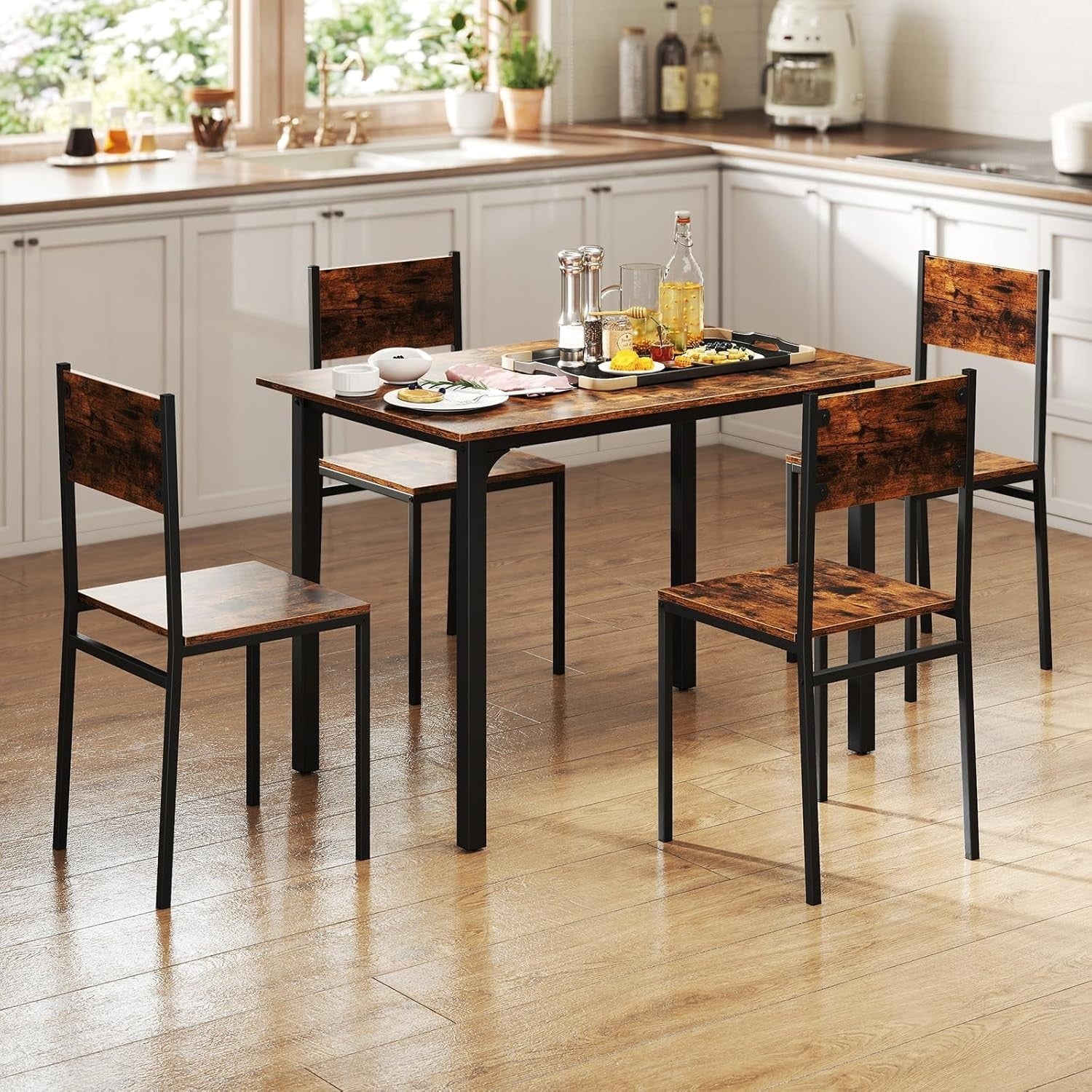 4 Seater Dining Table Set Chairs Wood Metal Kitchen Small Space Modern