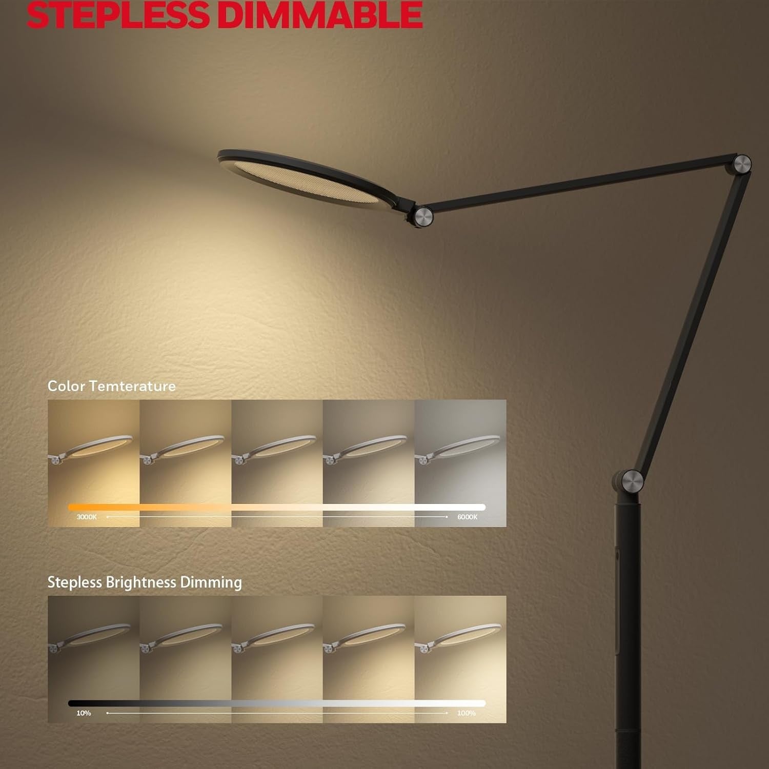 LED Floor Lamp Eye Caring Dimmable Remote Adjustable Arm Office Reading Light