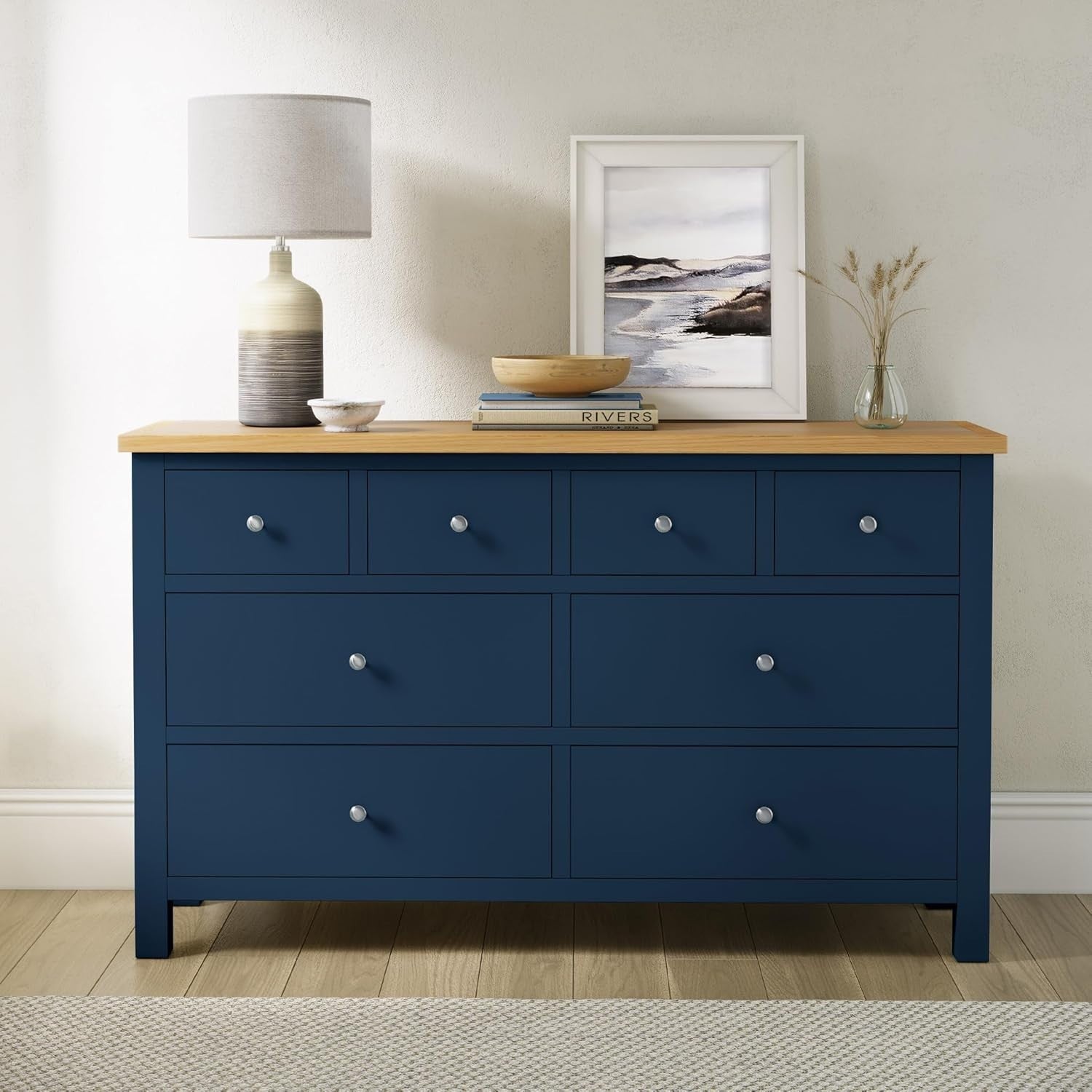 Navy Blue 8 Drawer Chest with Oak Top – Large Solid Wood Bedroom Storage