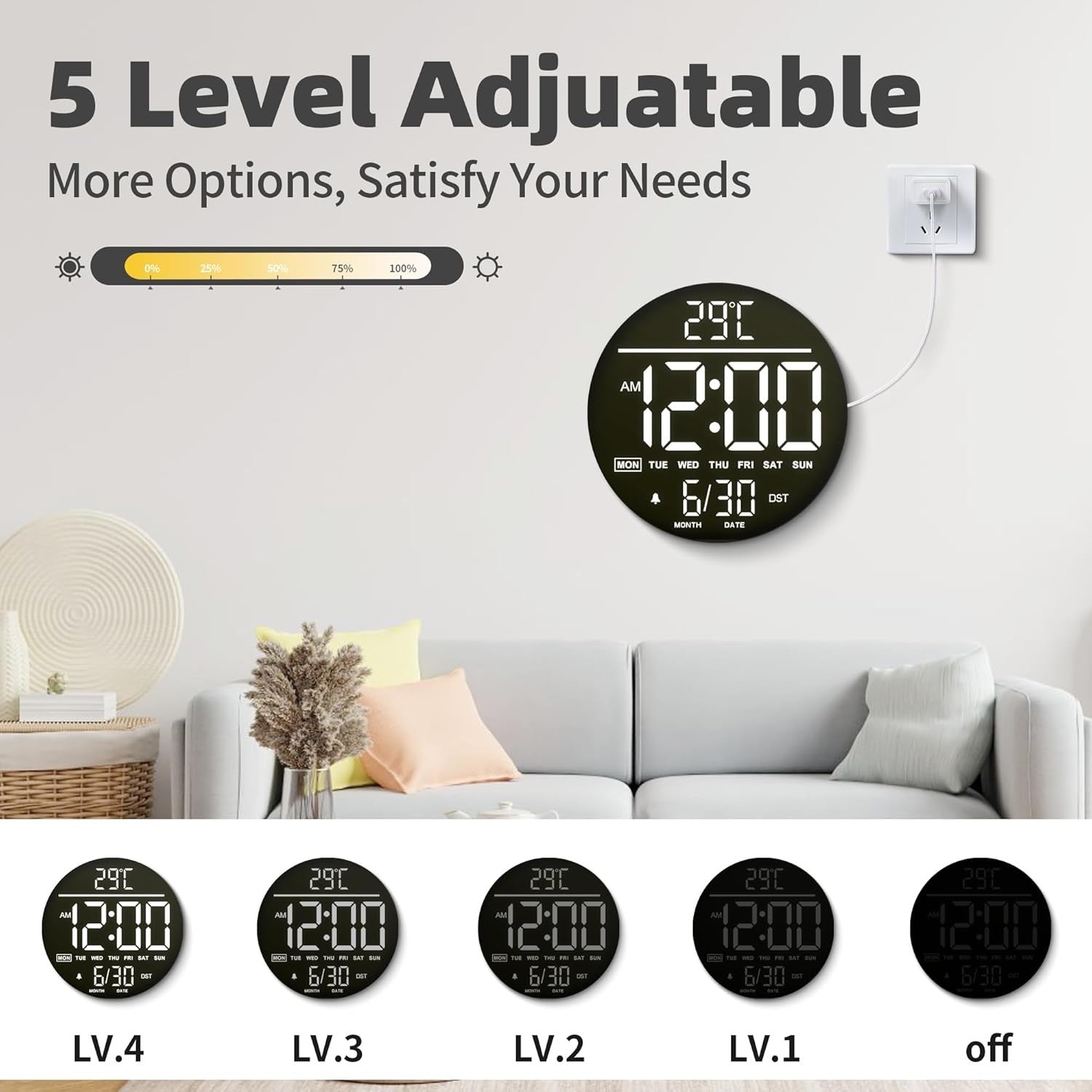 White LED Digital Wall Clock 10 Inch Remote Control Night Light Display
