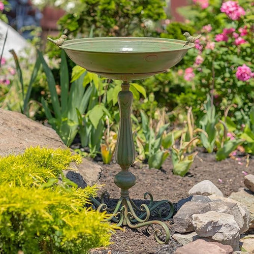 Pedestal Bird Bath Green Cast Iron Outdoor Garden Feeder Bowl Ornament