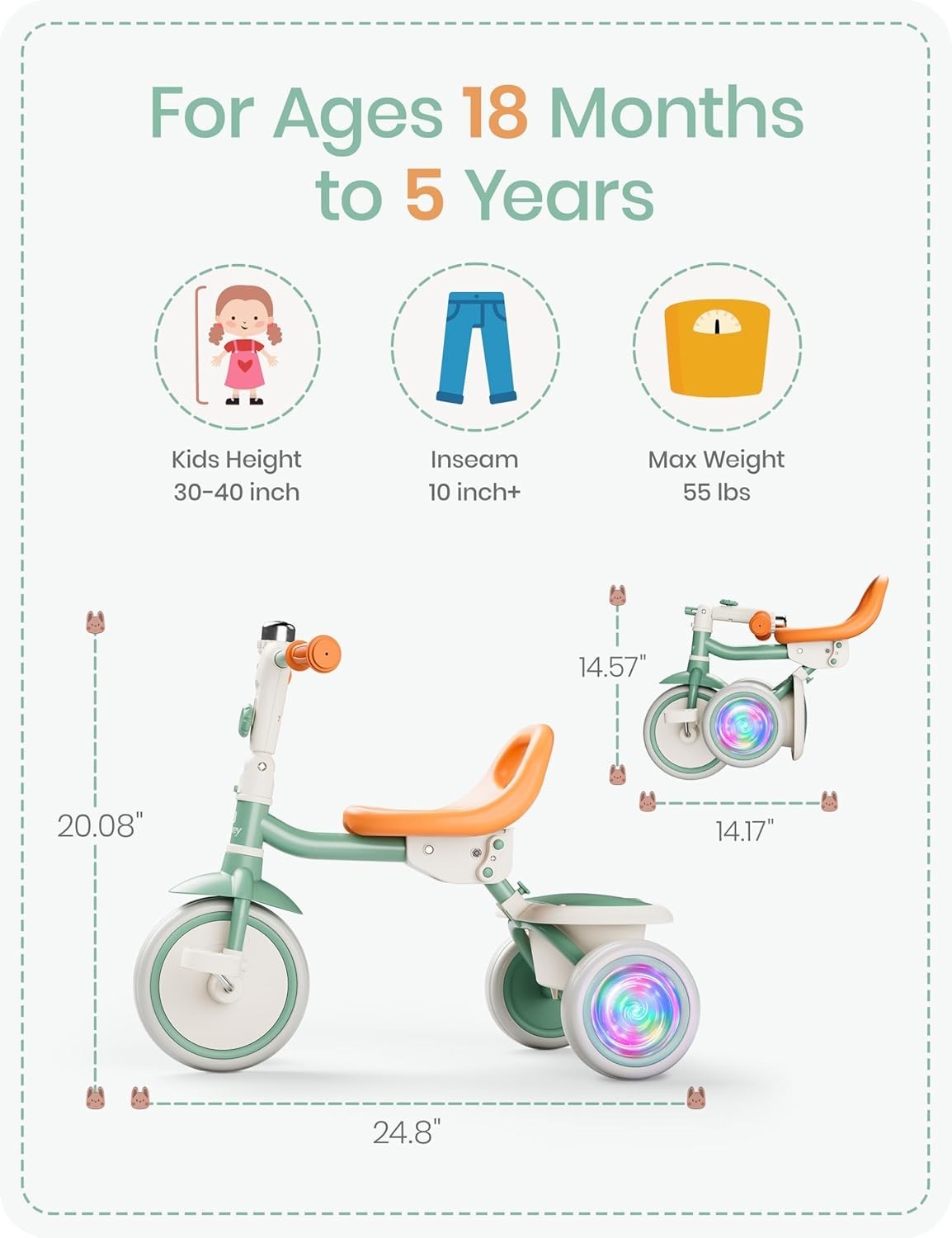 Kids Tricycle Flash LED Wheels Foldable Toddler Trike Green Age 18M-5Y