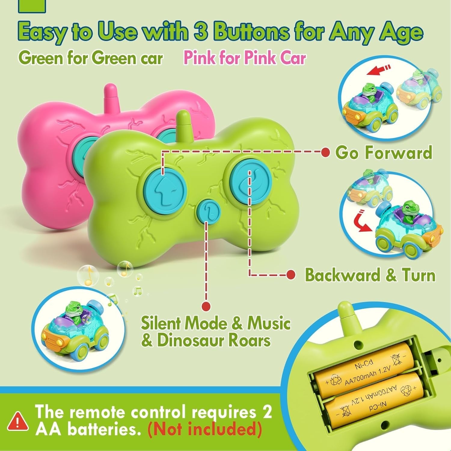 Castle Remote Control Dinosaur Cars 2 Pack Lights Music Rechargeable RC Toys Kid