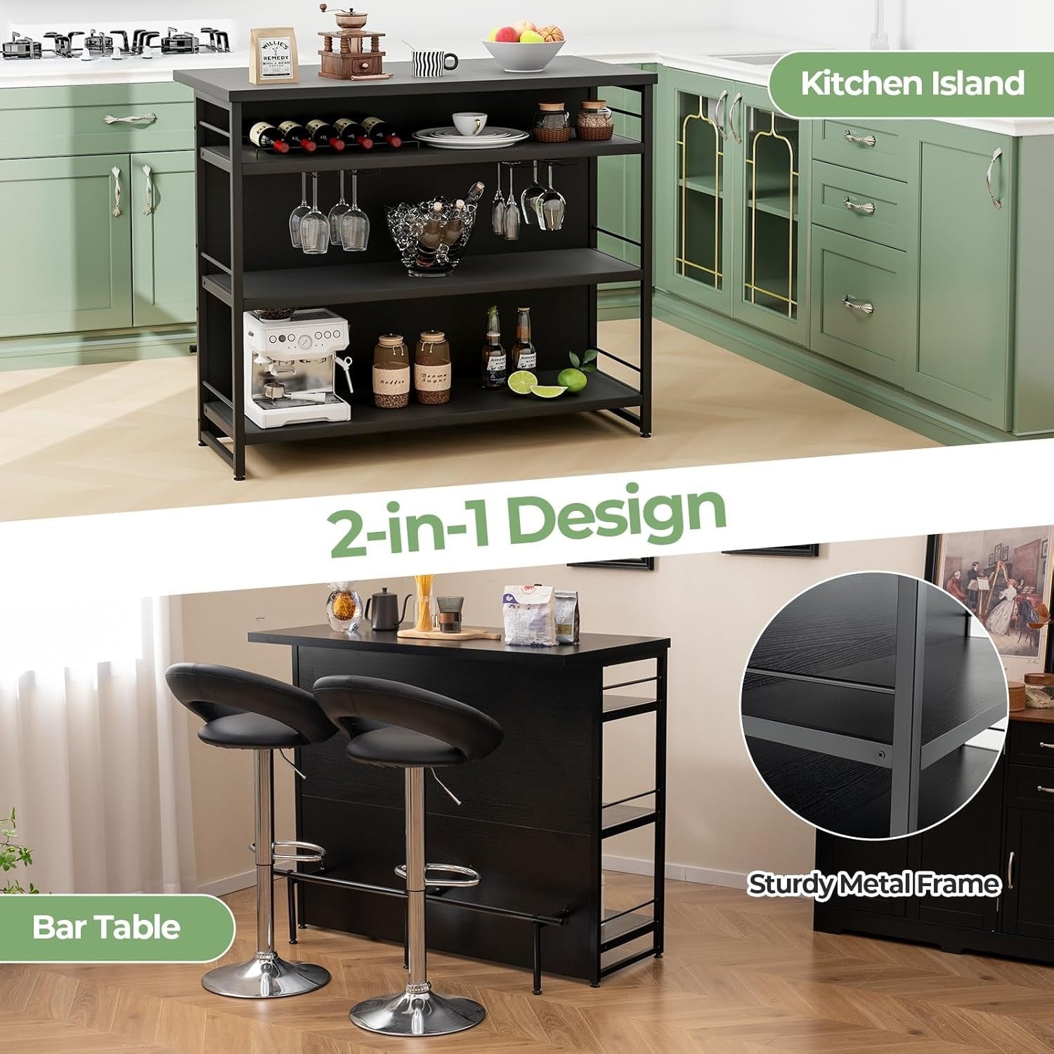 Industrial Kitchen Island Bar Table with Wine Rack, Shelves & Glass Holder