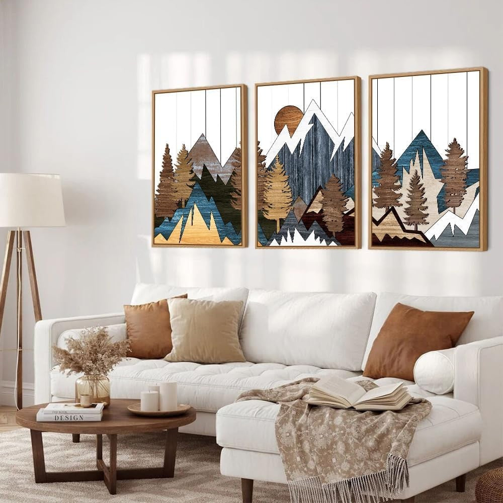 Mountain Woodcut Framed Canvas Wall Art Set 3 Rustic Forest Home Decor