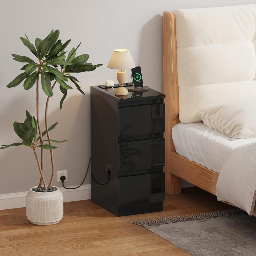 Slim Bedside Table with Charging Ports USB Power Sockets 3-Drawer Narrow Unit