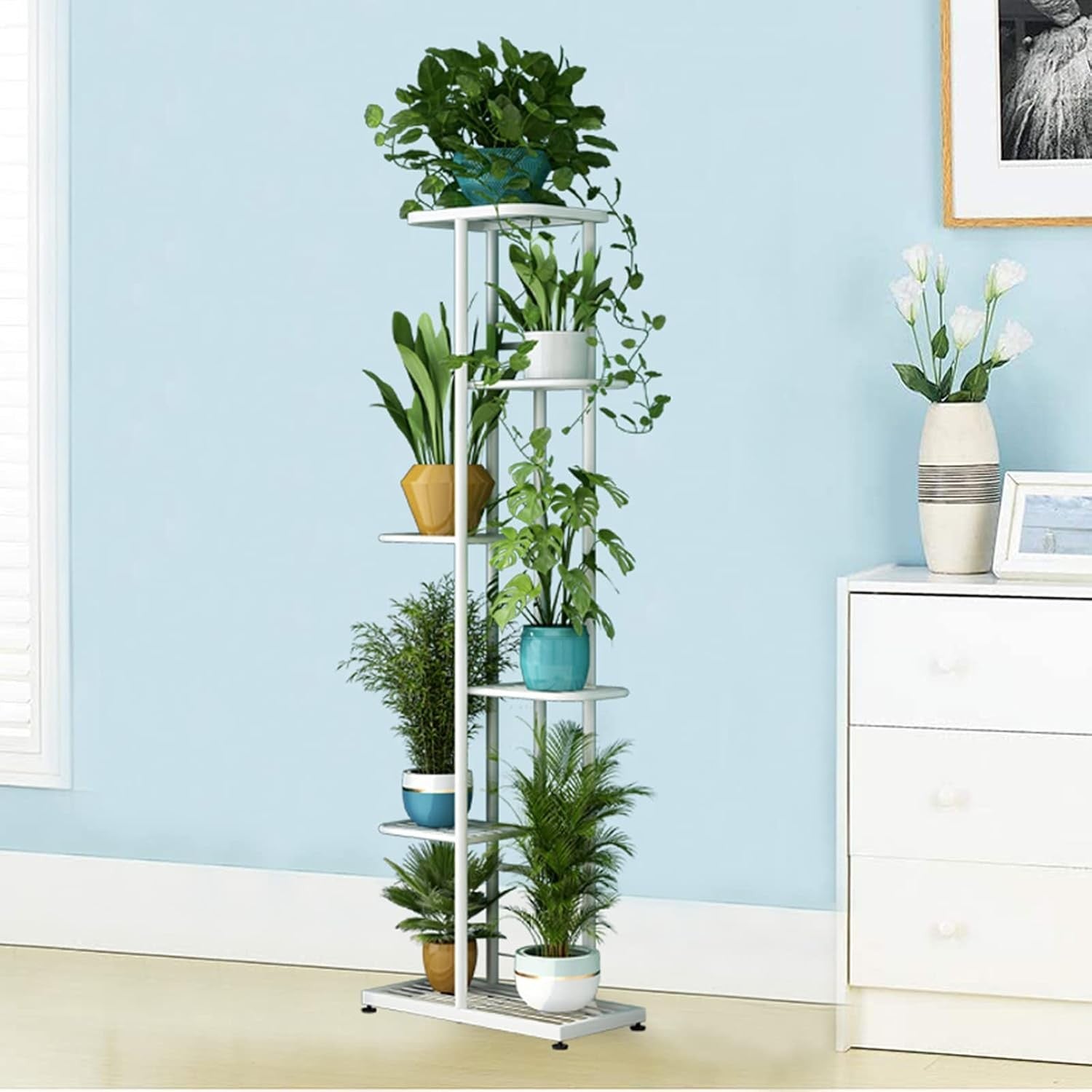 6 Tier 7 Pot White Metal Plant Stand Indoor Outdoor Multi Plant Display Rack