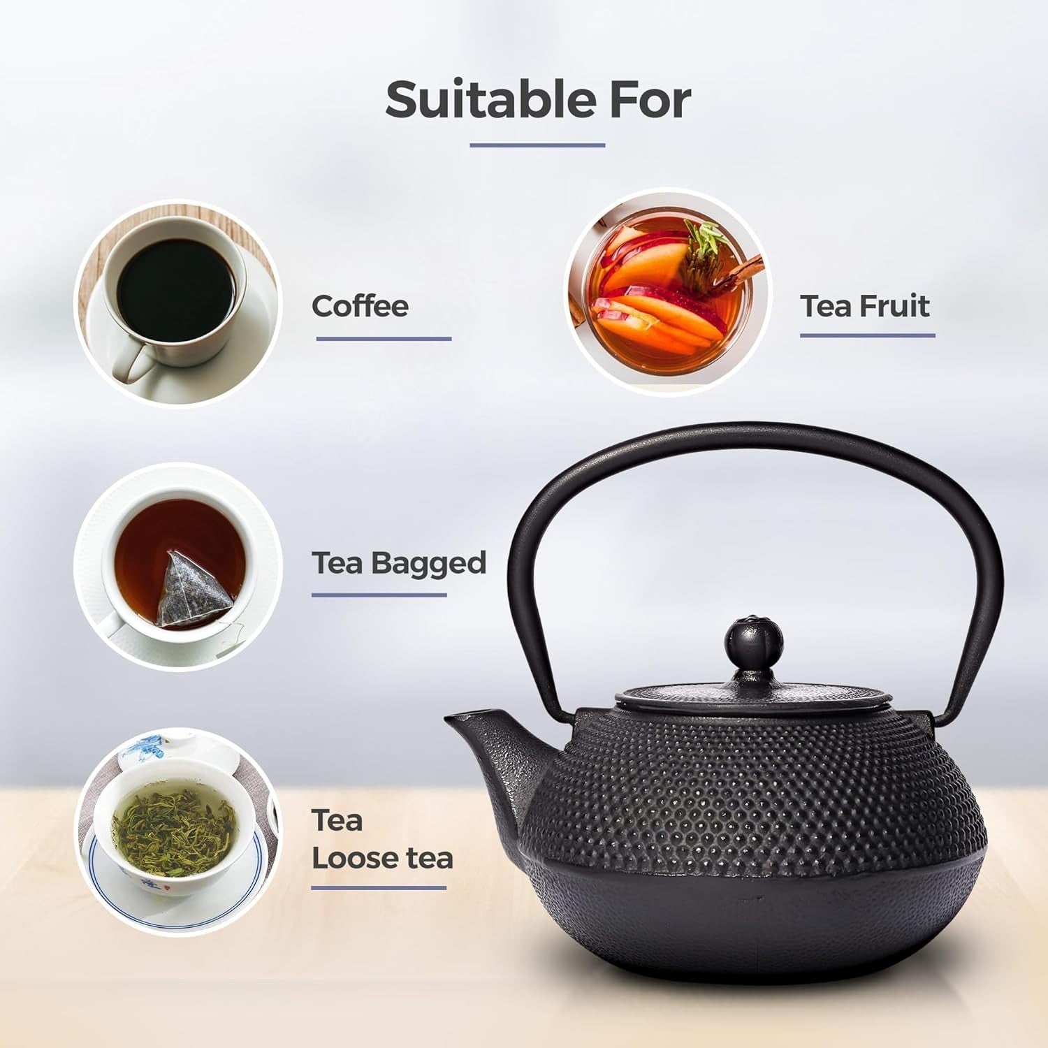 Cast Iron Teapot 650ml Chinese Tetsubin Tea Pot w Infuser Black Hobnail