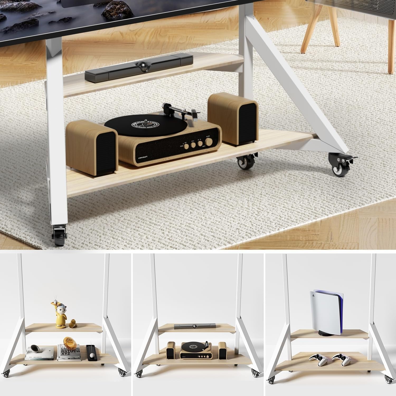 Mobile TV Stand 65-100" with Lockable Wheels, Adjustable Height & 2 Shelves