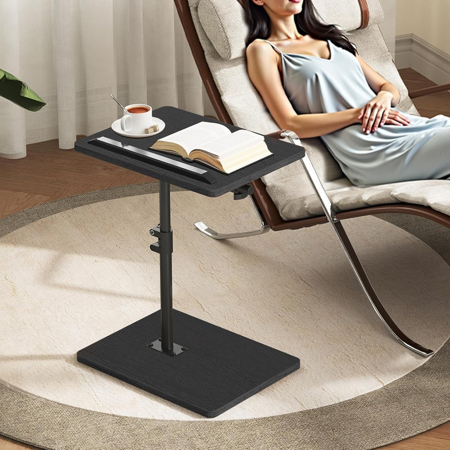 Adjustable 360° Rotating C-Shaped Side Table with Tilt Top & Device Slot