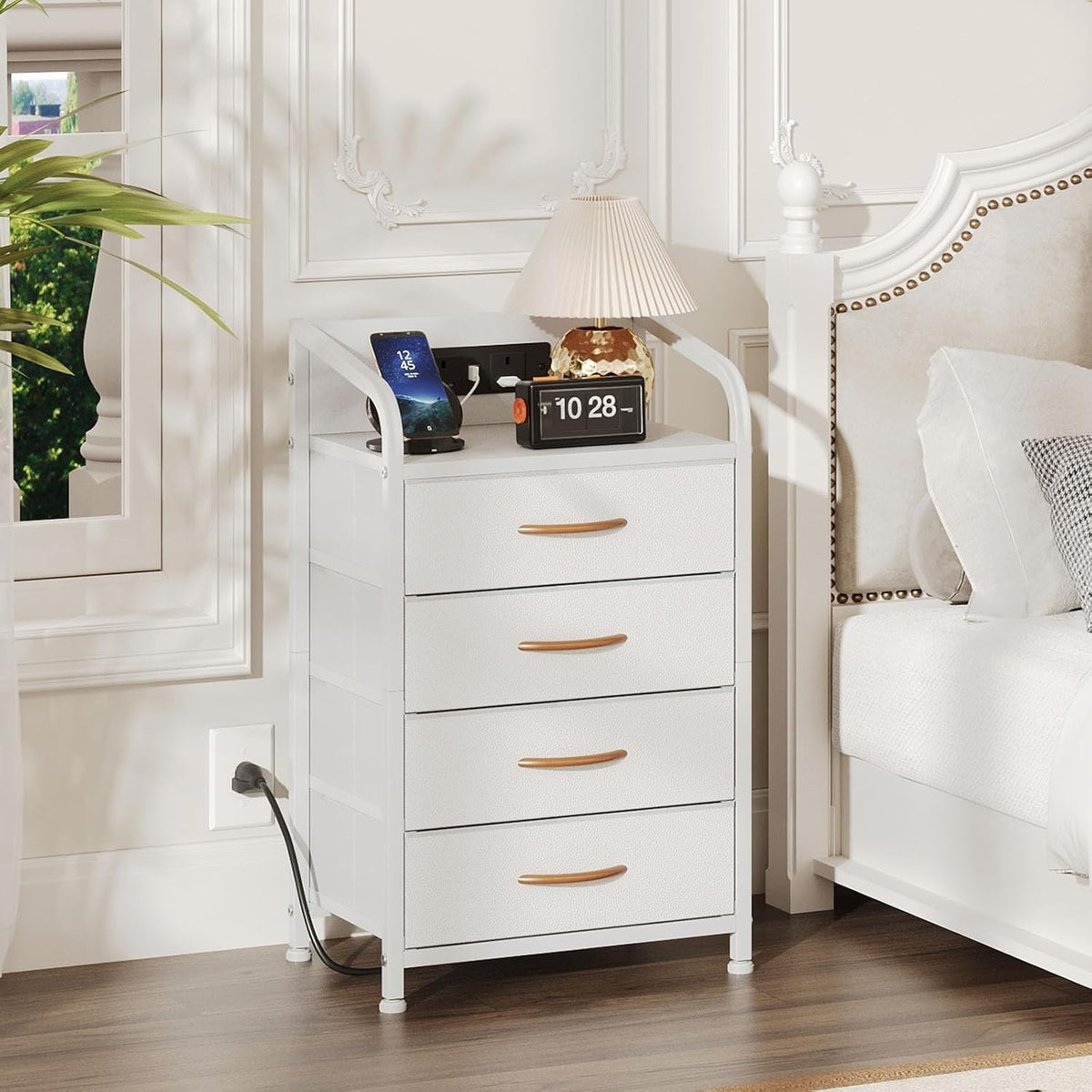 White Bedside Cabinet with Charging Station 4-Drawer Storage Chest 71cm