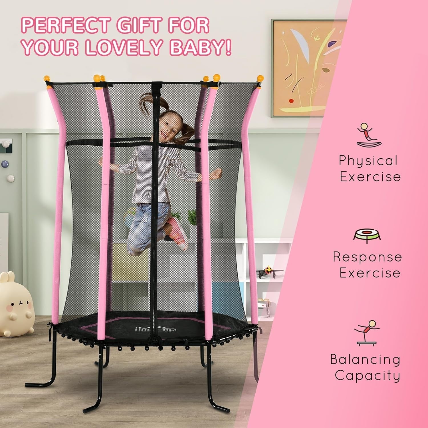 5.4FT Kids Trampoline Safety Enclosure Springless Indoor Pink
