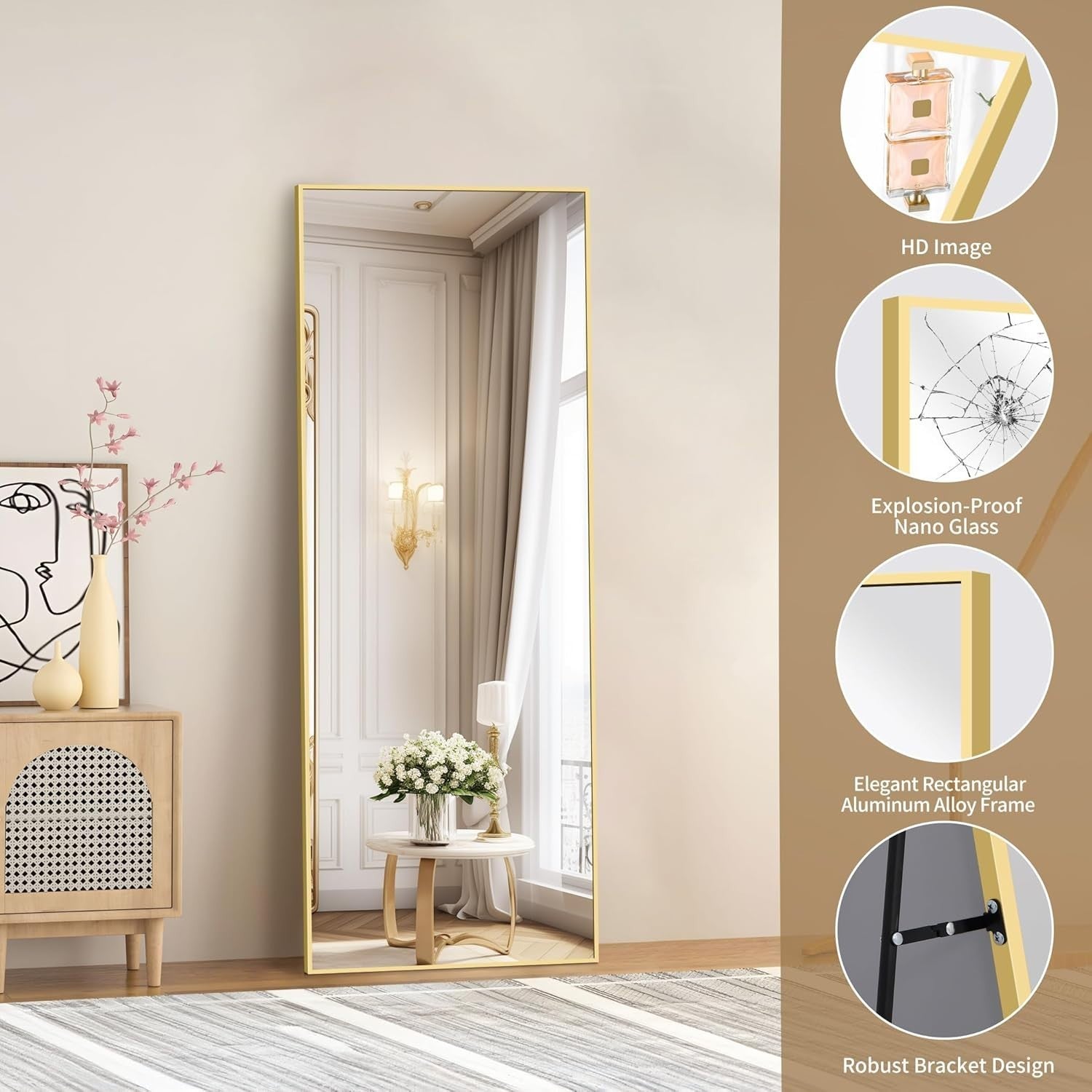 Gold Full Length Mirror 161x52cm Floor Standing or Wall Mounted Aluminium