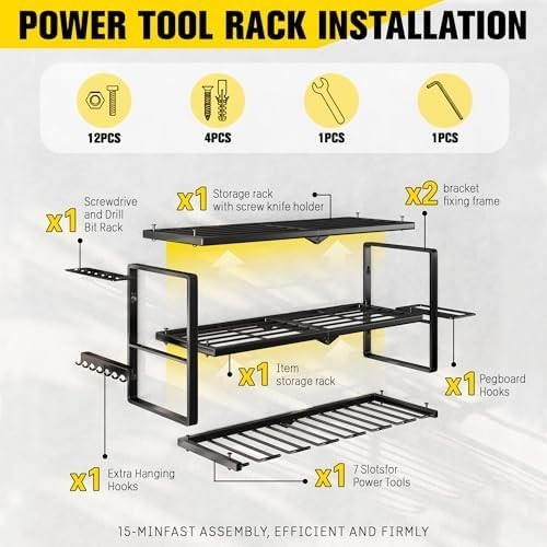 3-Tier Wall Mounted Power Tool Organizer 7 Slots Alloy Steel