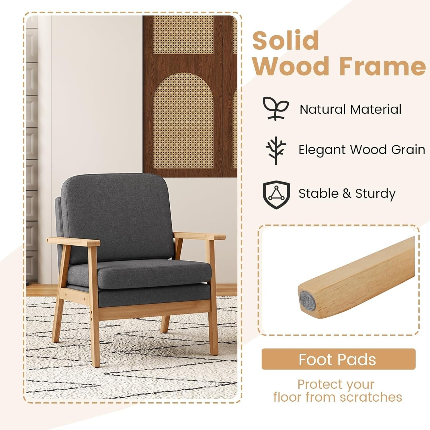 Grey Linen Accent Armchair Thick Cushion Wood Frame