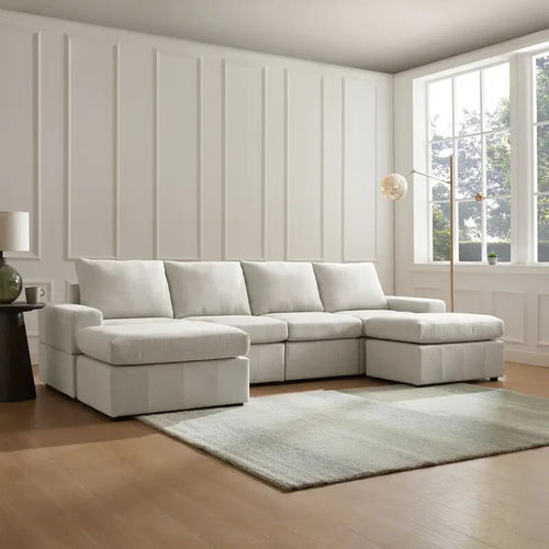 4 Seater Modular Sofa Light Grey Linen with Footstools – Family Couch Set