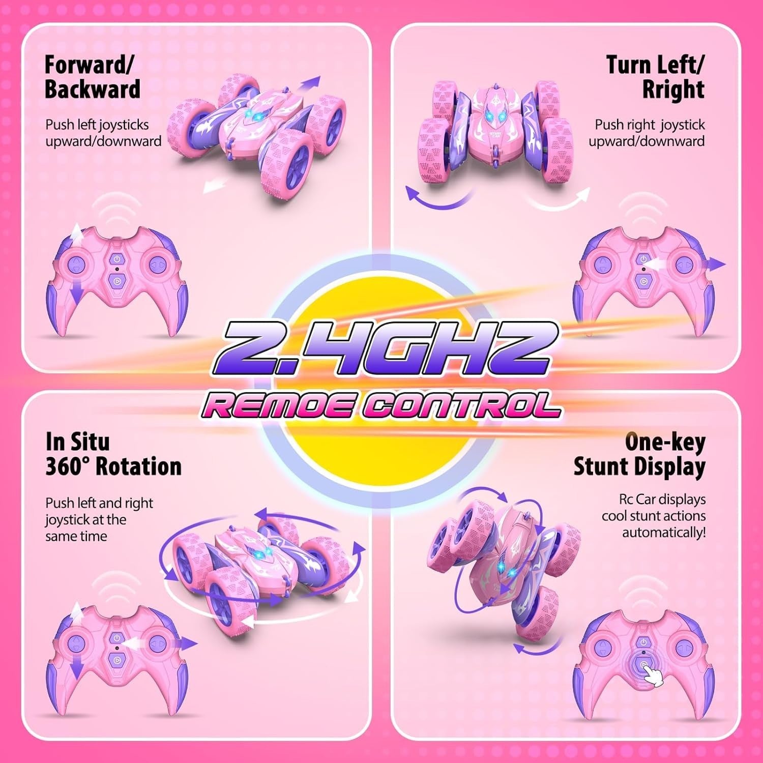 Pink RC Stunt Car 4WD 360° Flip LED Rechargeable Toy for Girls Age 3–9
