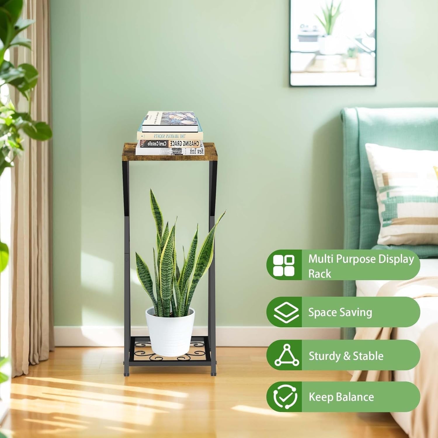 2 Tier Metal Wood Plant Stand Indoor Outdoor Corner Tall Flower Display Rack