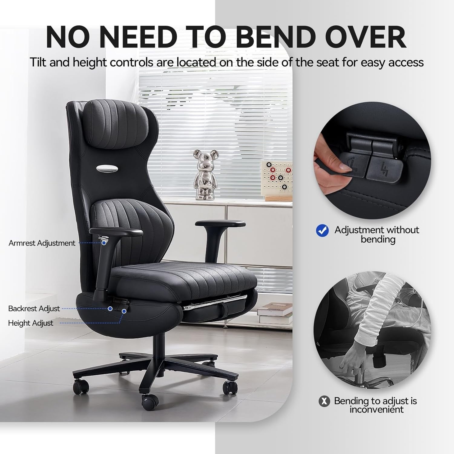 Ergonomic Reclining Gaming Chair Office Desk Chair Faux Leather 4D Arms Black