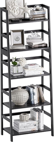 Black 5-Tier Bamboo Ladder Bookcase, Heavy Duty Tall Display Storage Shelf