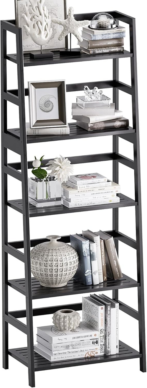 Black 5-Tier Bamboo Ladder Bookcase, Heavy Duty Tall Display Storage Shelf