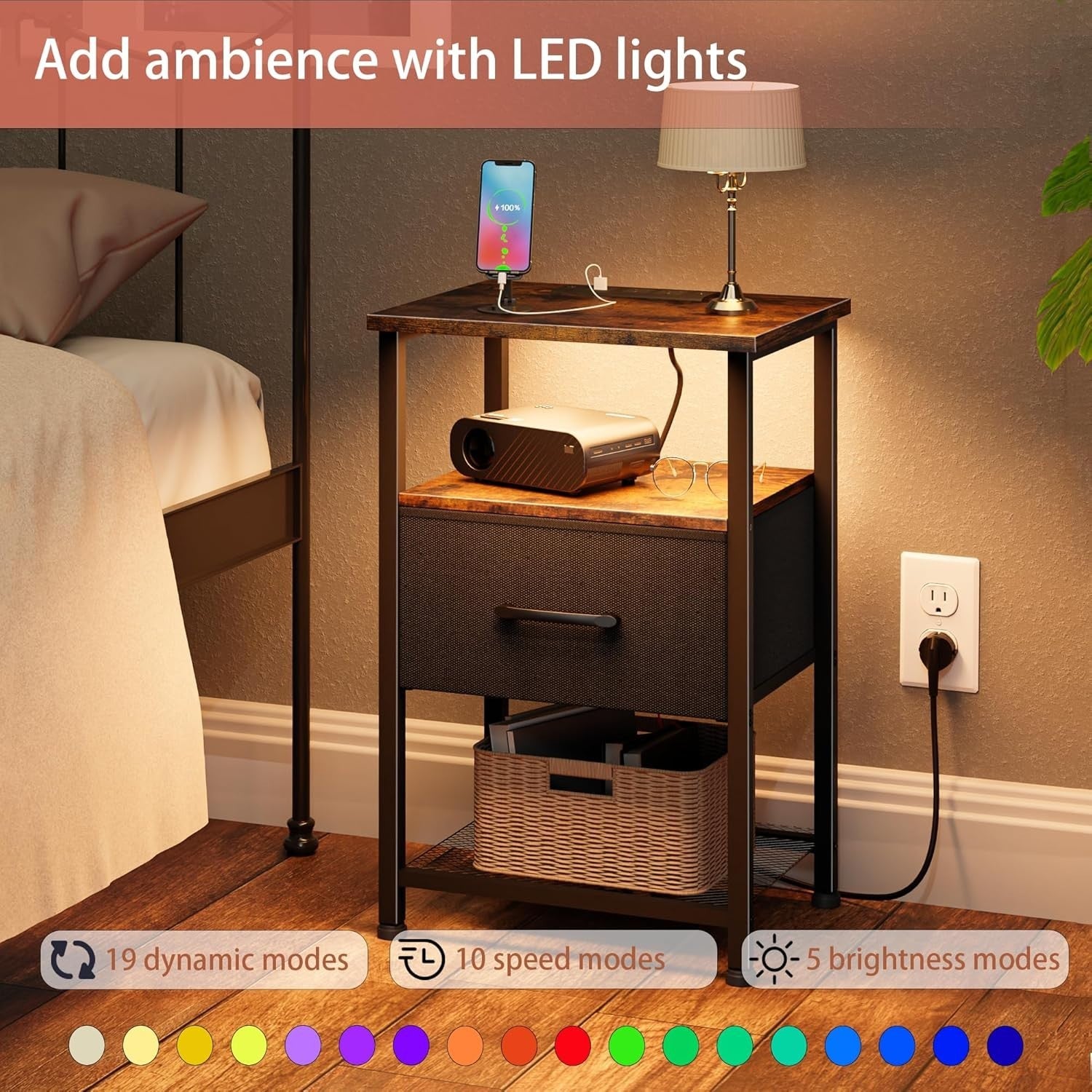 Set of 2 Rustic Brown LED Bedside Tables with Drawer, USB Ports & Power Outlets