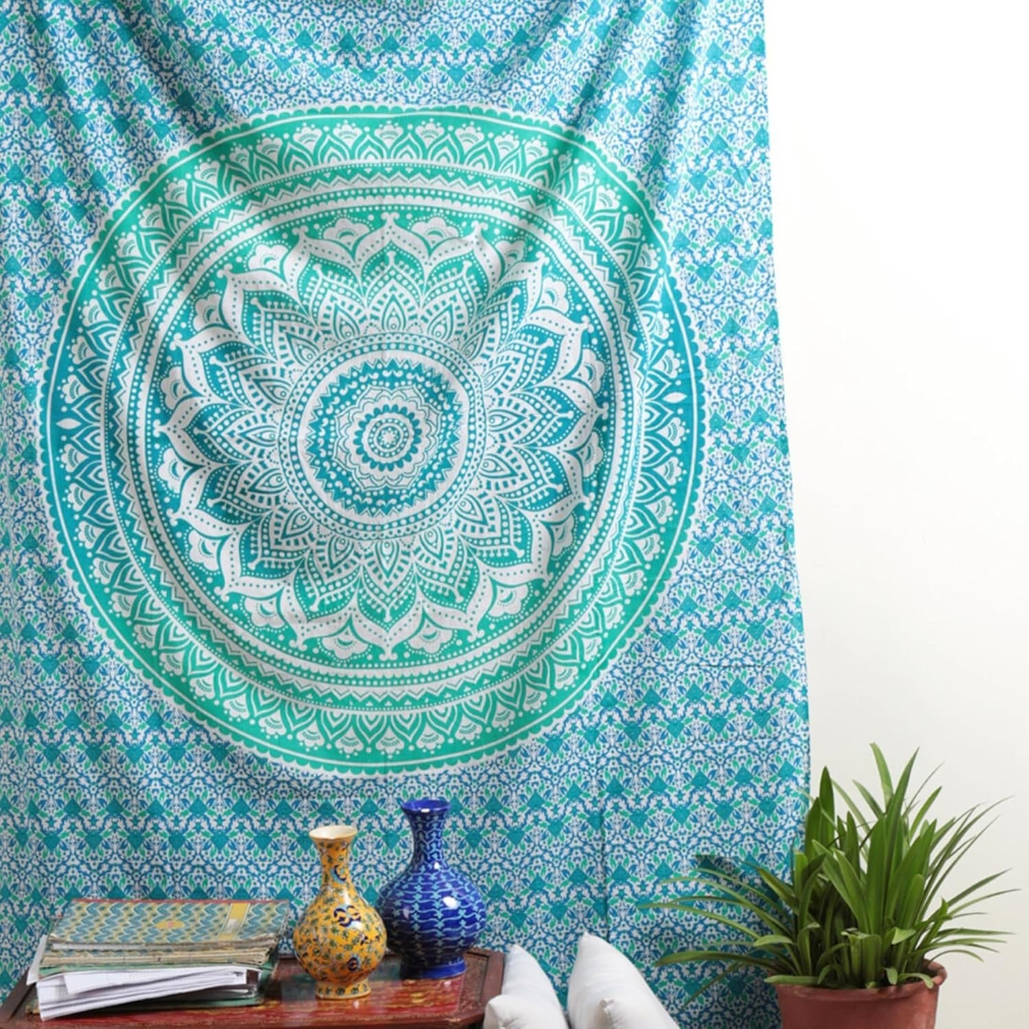 Sea Green Mandala Cotton Tapestry 137x213cm Boho Wall Decor