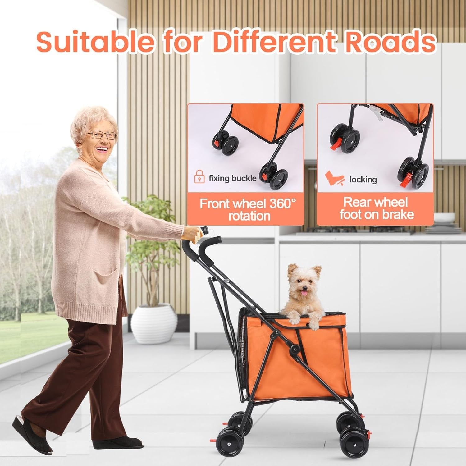 Orange Foldable Pet Stroller Shopping Cart 60lb Heavy Duty Utility Wagon
