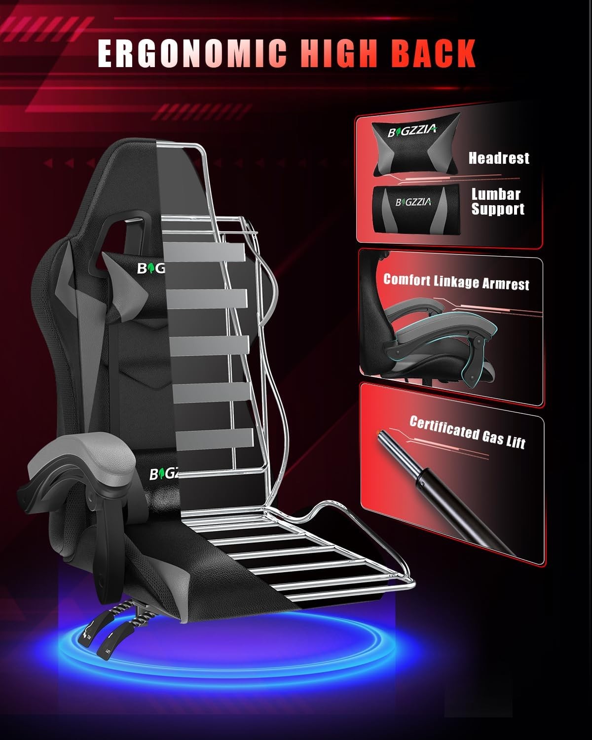 Ergonomic LED Gaming Chair with Footrest & Lumbar Support – Gray High-Back