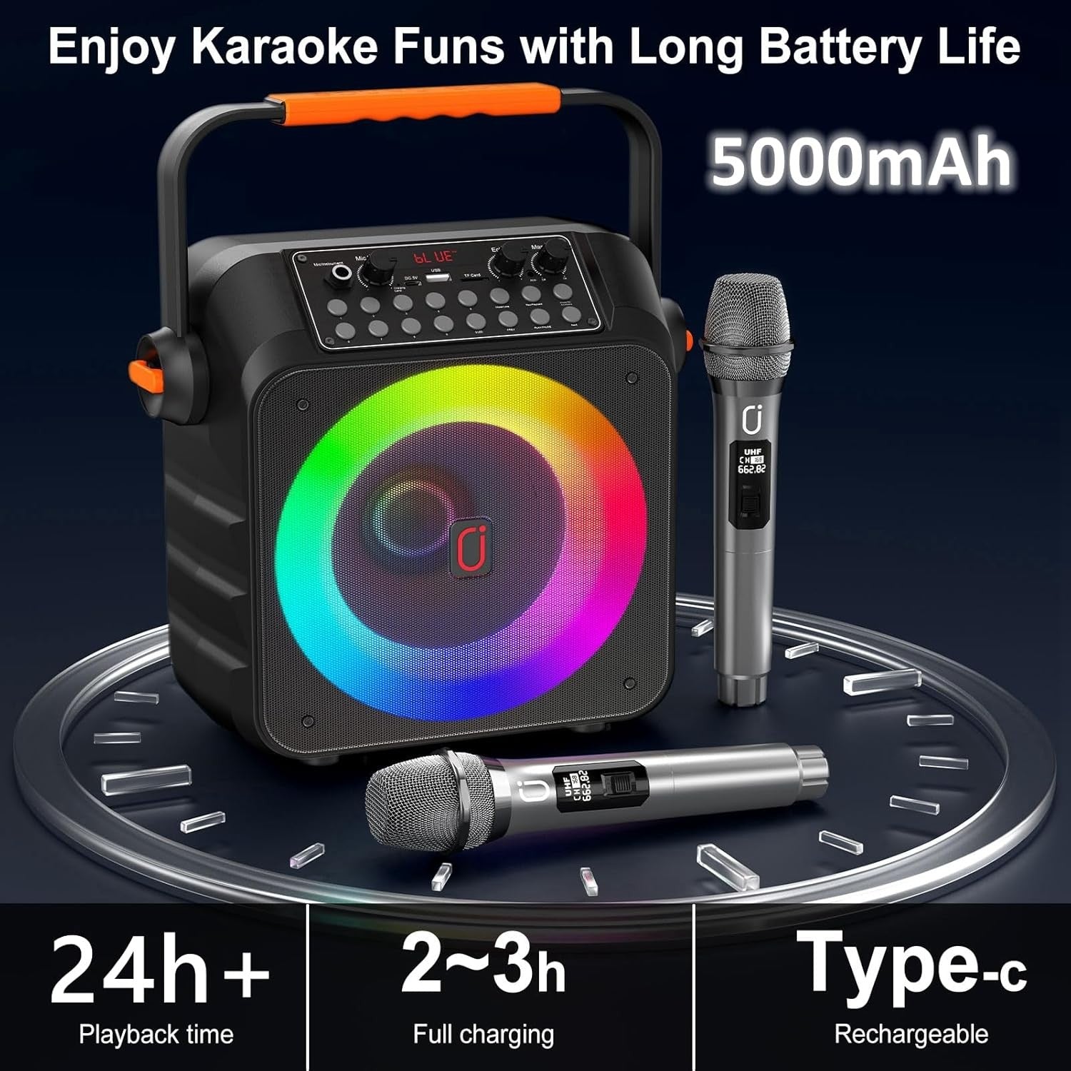Karaoke Machine 2 Wireless Mics Bluetooth 5.3 Speaker 40W LED