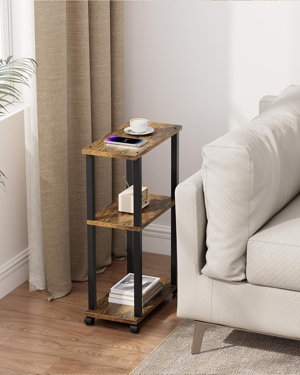 Narrow Small Side Table with Wheels & 3-Tier Storage, Adjustable Feet, Brown