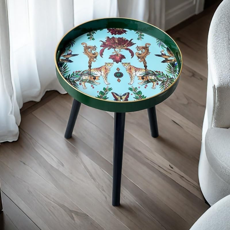 Round Side Table with Detachable Legs – 50x38x38cm Green Leopard