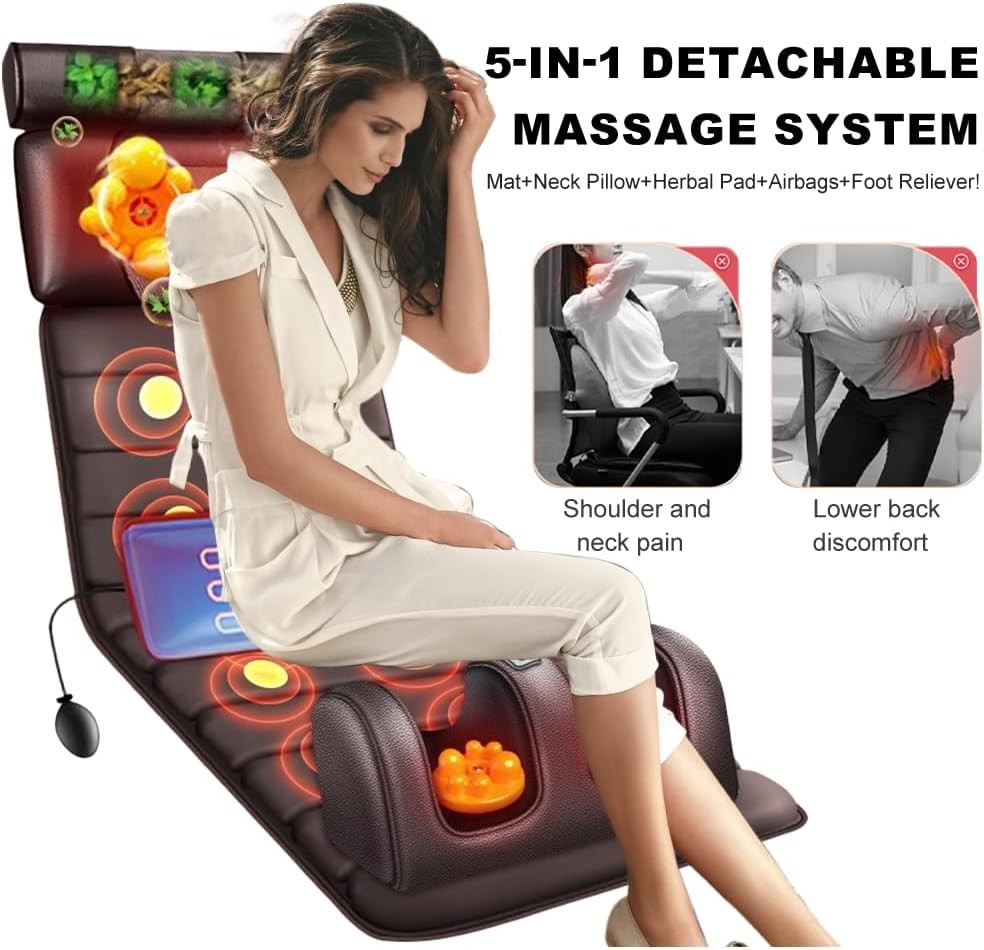 Full Body Massage Mattress Heat Shiatsu Vibration 10 Motors 6 Nodes Pain Relief